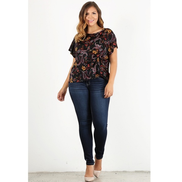 Tops - Black Paisley Knotted Blouse